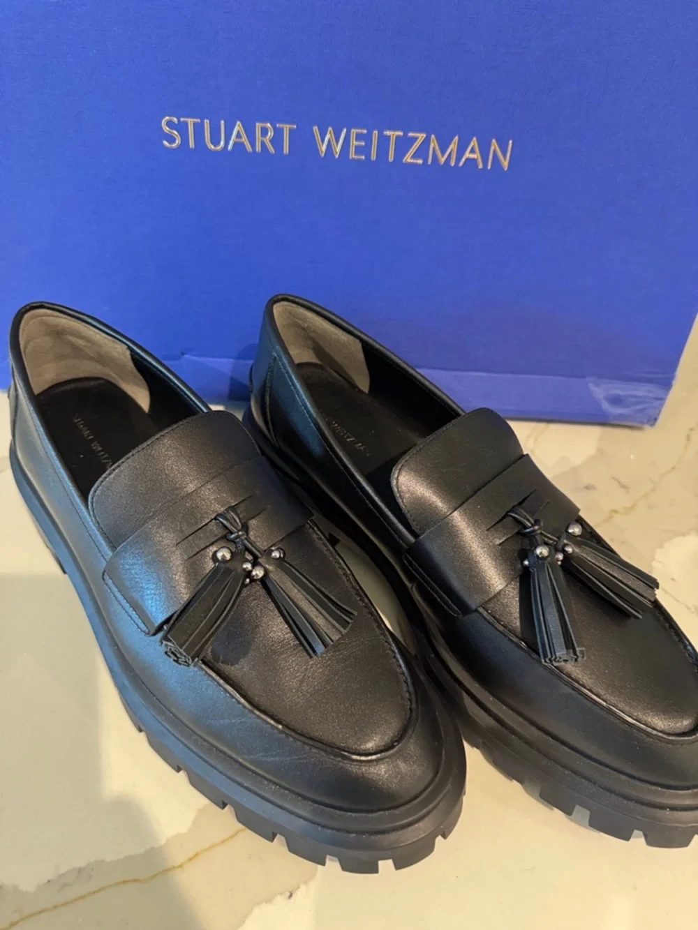 Stuart Weitzman Black Leather Tassel Penny Loafers 10